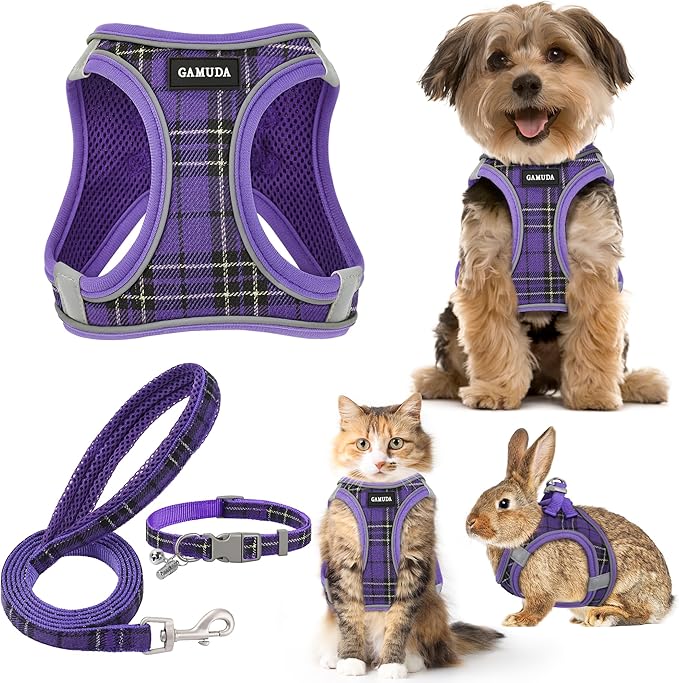 GAMUDA Small Dog Harness Collar and Leash Set, Step in No Chock No Pull Soft Mesh Adjustable Dog Vest Harnesses Plaid Reflective for Dogs Puppy Cats Kitten Rabbit (Purple, S)