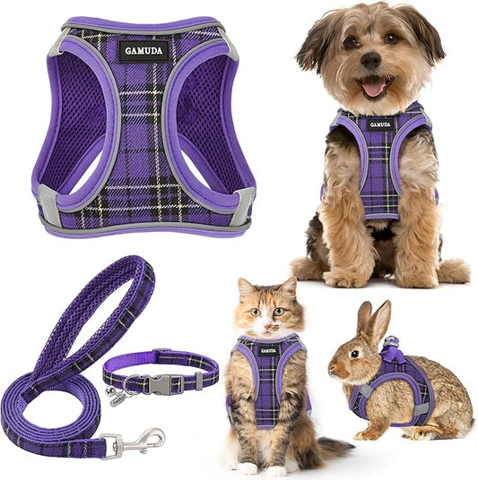 GAMUDA Small Dog Harness Collar and Leash Set, Step in No Chock No Pull Soft Mesh Adjustable Dog Vest Harnesses Plaid Reflective for Dogs Puppy Cats Kitten Rabbit (Purple, M)