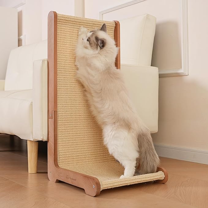Cat Scratching Post - Beechwood Base, 26.8" Natural Sisal Woven Cat Scratch Pad, Cat Scratching Board,Durable Cat Scratcher for Indoor Cat, Furniture Protector for Cats' Clawing and Play