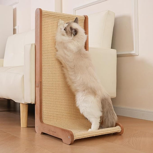 Cat Scratching Post - Beechwood Base, 26.8" Natural Sisal Woven Cat Scratch Pad, Cat Scratching Board,Durable Cat Scratcher for Indoor Cat, Furniture Protector for Cats' Clawing and Play