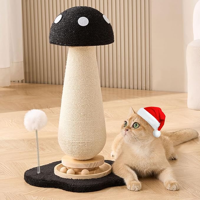 Mushroom Cat Scratching Post Cat Tree, 21.5‘’ H Cute Cat Scratcher Tower with Durable Solid Wood Turntable Toy, Solid Black Mushroom Scratch Post Cat Sisal Scratcher with Catnip for Indoor Cats