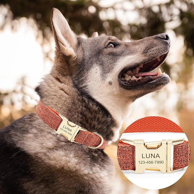 Polyester Personalized Dog Collar with Name and Phone Number, Customizable Laser-Engraved Collar with Metal Quick Release Buckle for Dogs (Rose)