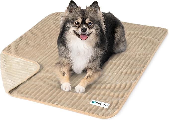 PetAmi Waterproof Dog Blanket, Leakproof Pet Blanket for Small Medium Large Dogs, Reversible Furniture Bed Sofa Couch Cover Protector, Plush Striped Pet Throw for Indoor Cat, 24x32 in, Taupe Beige