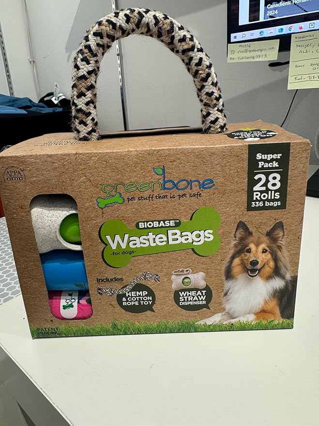 Greenbone BioBase Dog Poop Bag Refills: 28 Rolls - 336 Bags with Dispenser and Rope Toy Handle