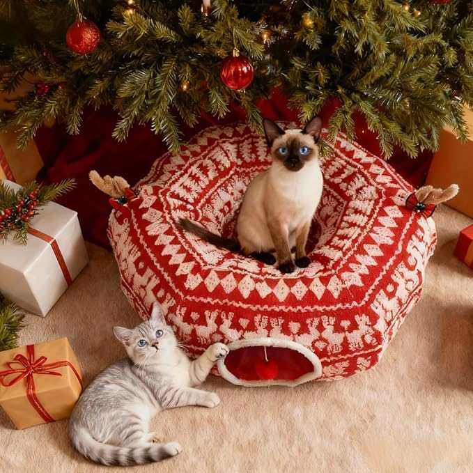 Cat Tunnel Christmas Tree Skirt, Cute Cat-Proof Tunnel Bed Under Christmas Tree with Washable Cushion, Soft Pet Donut Cave Decorative Tube Bed, Pet Toy Gifts Xmas Tree Protector from Cats