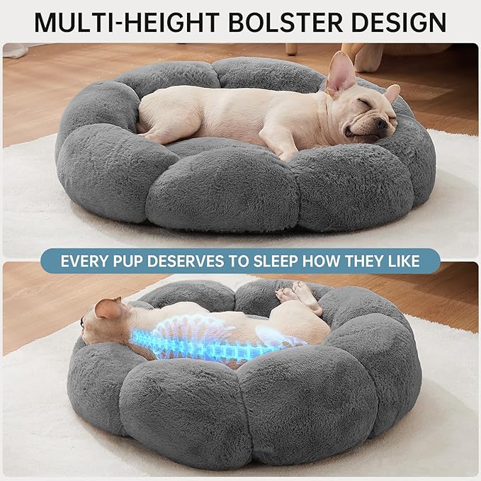 OhGeni 27 inches Calming Donut Dog & Cat Bed for Medium Pets, Warming Comfort Fluffy Short Pile Fur, Durable Machine Washable Round Bed, Cute Round Bed for Puppy and Kitten, Dark Gray