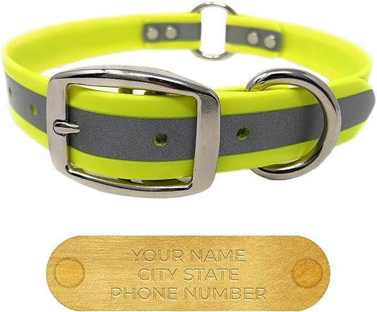 Regal Dog Products Small Yellow Reflective Dog Collar with Custom Engraved Name Plate and Heavy Duty Center Ring | Waterproof Biothane Personalized Dog Collars - Other Sizes for Medium & Large Dogs