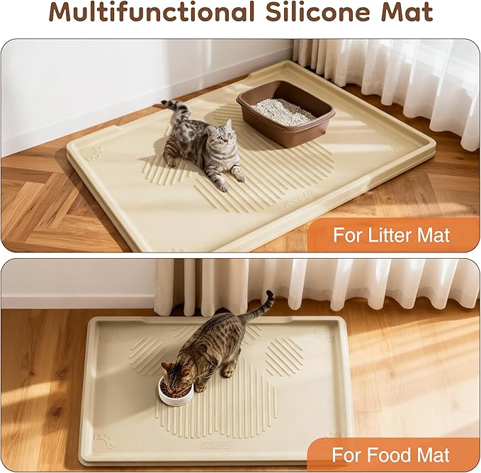 ISSEVE Cat Litter Mat 40" x 28" XL, Extra Large Silicone Mat for Litter Box, 1.38" Raised Edge Urine Waterproof Litter Trapping Mat Pad for Scatter Control, Soft on Kitty Paws, Protect Floor (Beige)