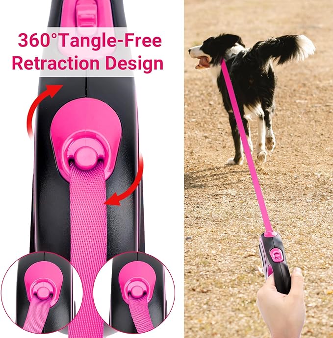 Segarty Pink Retractable Dog Leash, 16ft Heavy Duty Walking Dog Leash for Medium Small Dogs up to 44lb, Anti-Slip Handle 360°Tangle-Free Nylon Tape, One-Handed One Button Lock and Release