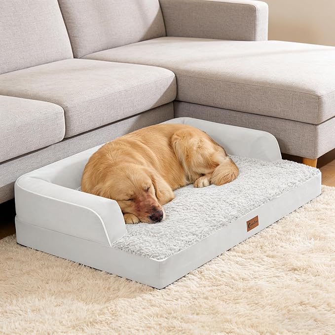 Orthopedic Dog Beds for Extra Large Dogs, Waterproof Egg Crate Foam XL Dog Bed with Sides 48x30Inch, Big Dogs Couch Beds with Removable Washable Cover and Nonskid Bottom, Grey White