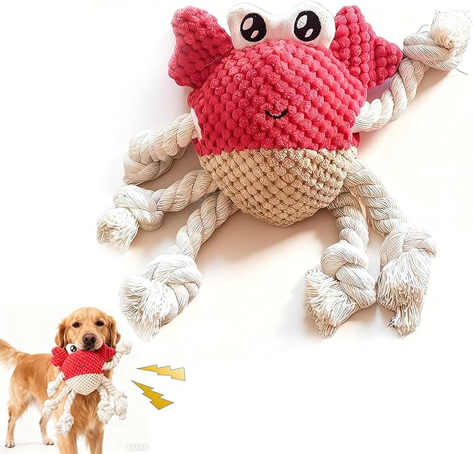 Squeaky Crab Dog Toy with Rope Legs - Durable Chew Toy for Small Dogs | Built-in Whistle & Crinkle Sounds | Teeth Cleaning | Interactive Dog Toys （RED）
