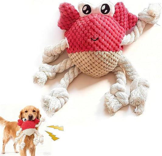 Squeaky Crab Dog Toy with Rope Legs - Durable Chew Toy for Small Dogs | Built-in Whistle & Crinkle Sounds | Teeth Cleaning | Interactive Dog Toys （RED）