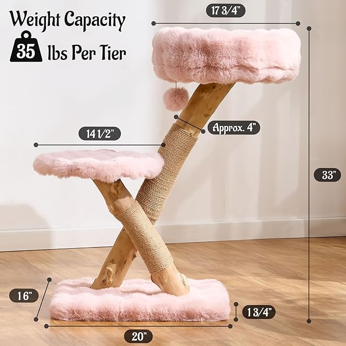 Natural Wood Cat Tree for Indoor Cats Adults, 33in Modern Cat Tree Tower with Super Soft Plush Cat Bed & Perch, Sisal Scratching Posts and Hanging Plush Ball, Sakura Pink
