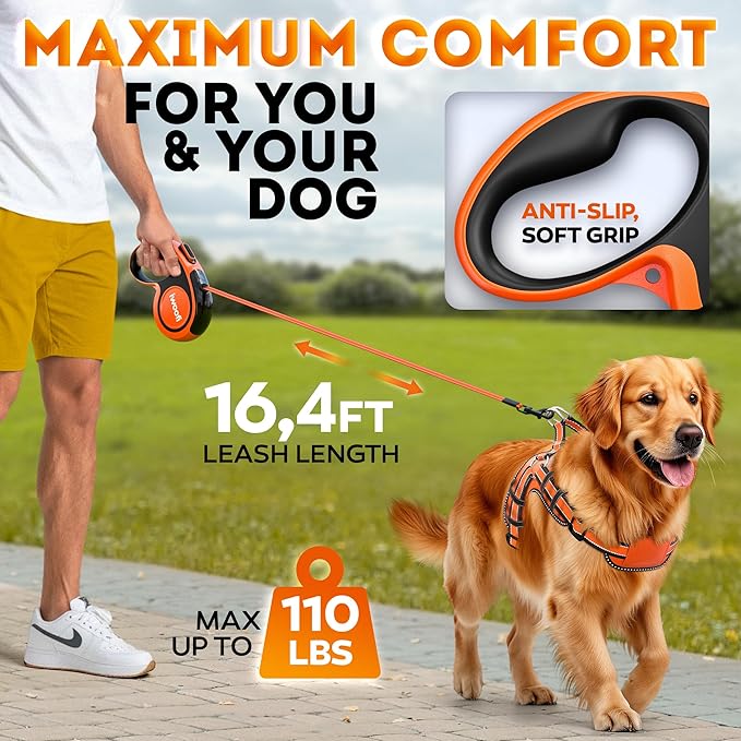 2025 NEW Retractable Dog Leash 16.4 ft – Heavy Duty for Dogs up to 110 lbs, Stainless Steel Spring, 360° Tangle-Free, One-Touch Lock Control, Soft Anti-Slip Handle – Strong, Durable Pet Leash (Orange)