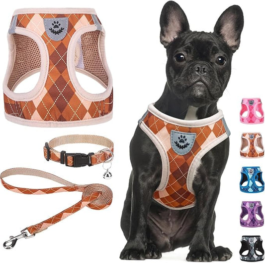 SCENEREAL Small Dog Harness and Leash Collar Set, Fall Step in No Pull Soft Mesh Dog Harnesses for Small Medium Sized Dogs Puppy Outdoor Walking, No Chock Reflective Vest Harness, Brown Plaid M