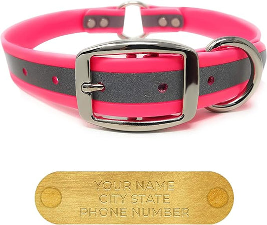 Regal Dog Products Small Pink Reflective Dog Collar with Custom Engraved Name Plate and Heavy Duty Center Ring | Waterproof Biothane Personalized Dog Collars - Other Sizes for Medium & Large Dogs