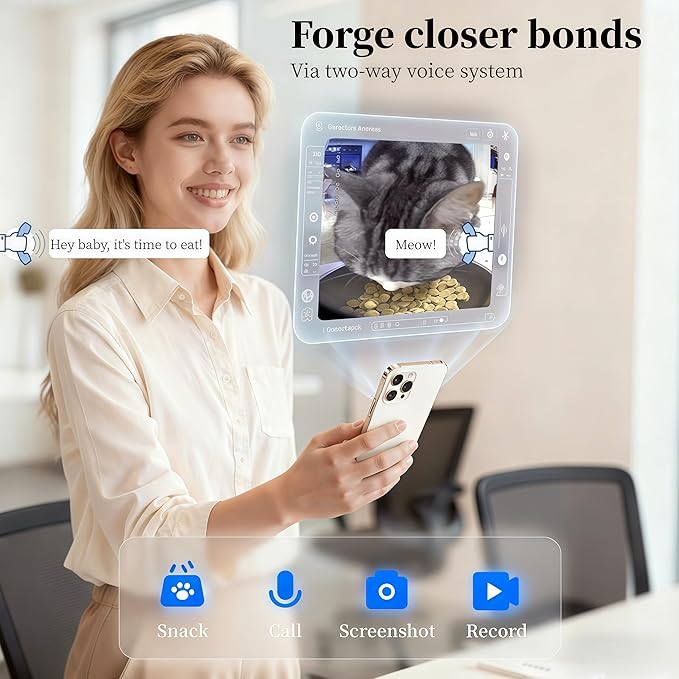 Automatic Cat Feeder with Camera, 1080P HD Video with Night Vision, Scheduled Automatic Pet Feeder, Separated Design Wide Grain Path with 2-Way Audio ＆ Feeding Call Function for Cat & Small Dog