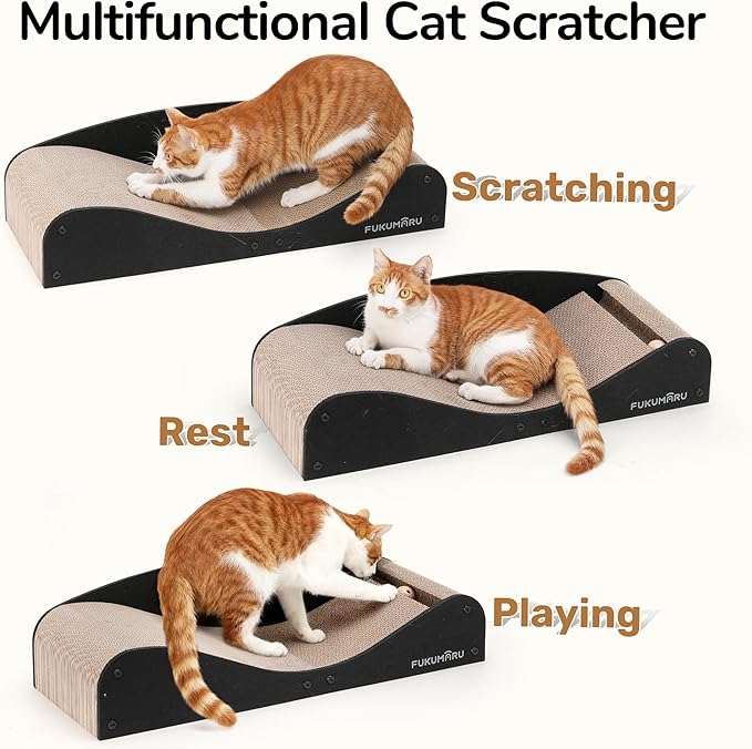 FUKUMARU Cardboard Cat Scratcher Bed, Extra Long 29.1 Inch Cat Scratch Bed Couch Indoor, Natural Felt Multifunctional Cats Scratching Lounger, Horizontal Kitten Cats Scratch Pad with Ball Toy, Black