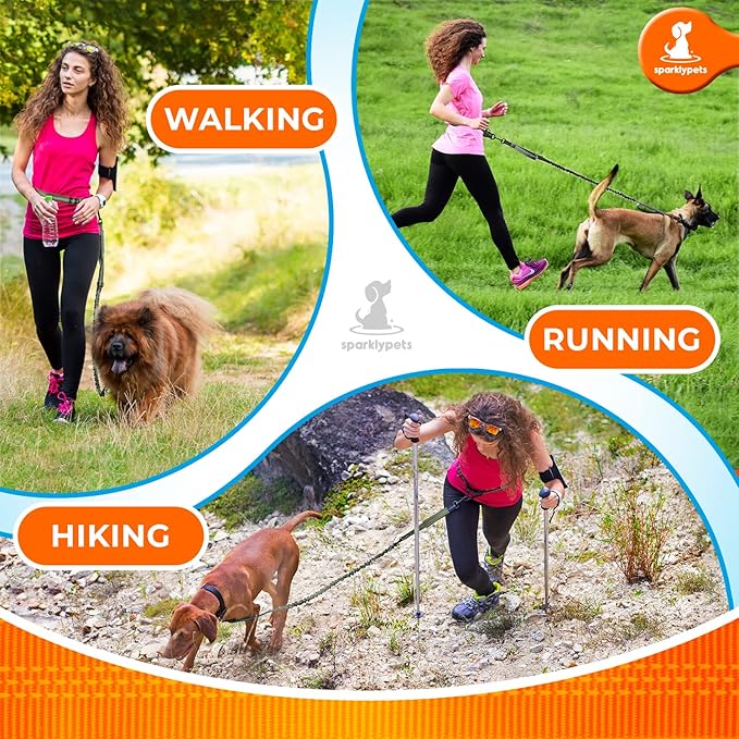 SparklyPets - Hands Free Dog Leash with Reflective Stitches - Waist Leash for Medium & Large Dogs Walking, Hiking, Training, Jogging, Canicross, Running