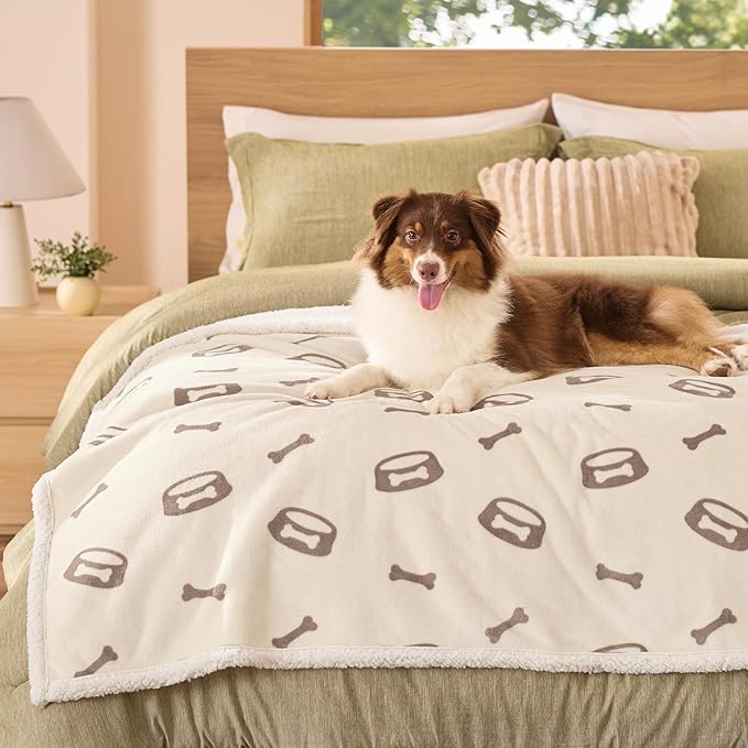 Bedsure Waterproof Dog Blankets for Large Dogs - Soft Print Sherpa Fleece Pet Cat Blanket Washable for Couch Bed Protection, Cozy Plush Reversible Throw Furniture Protector, 50"x60", Beige