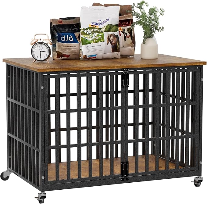 48 Inch Dog Crate Furniture, Heavy Duty Wooden Dog Kennel for Large Dogs, Chew Proof & Escape-Proof Indoor Dog Cage with TV Stand, for Anxious Dogs, Black Brown Cabinet