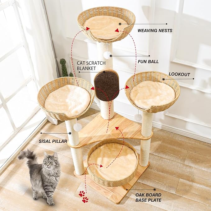 Large Cat Tree Wood - Modern Multi-Cat Tower with Scratching Posts & Handwoven Condo | Sturdy Cat Furniture for Indoor Cats, Modern Cat House Supplies