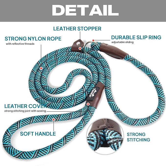 TwoEar Slip Leads for Dogs, 1/2" x 6FT Slip Leash for Large Dogs with Highly Reflective Threads, Comfortable Strong Rope Slip Leads, No Pull Pet Training Leash, Blue