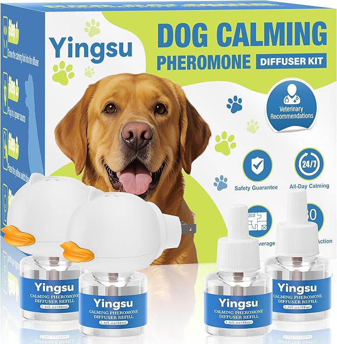 Dog Calming Diffuser, 6 in 1 Puppy Pheromones Calming Diffuser, Relaxing Pheromone for Dogs Relief Stress Anxiety Reduce Aggression Barking, Help Train Dog to Pee, 2 Diffuser 4 Refill(48ml)