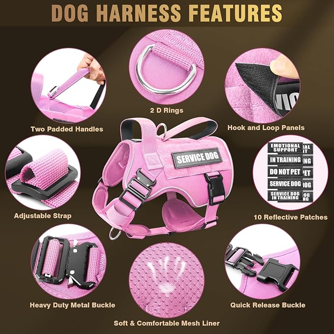 WINSEE Tactical Dog Harness for Large Dog, Heavy Duty Service Dog MOLLE Vest with 10 Pet Patches, No Pull Military Working Vest for Training Hunting Walking