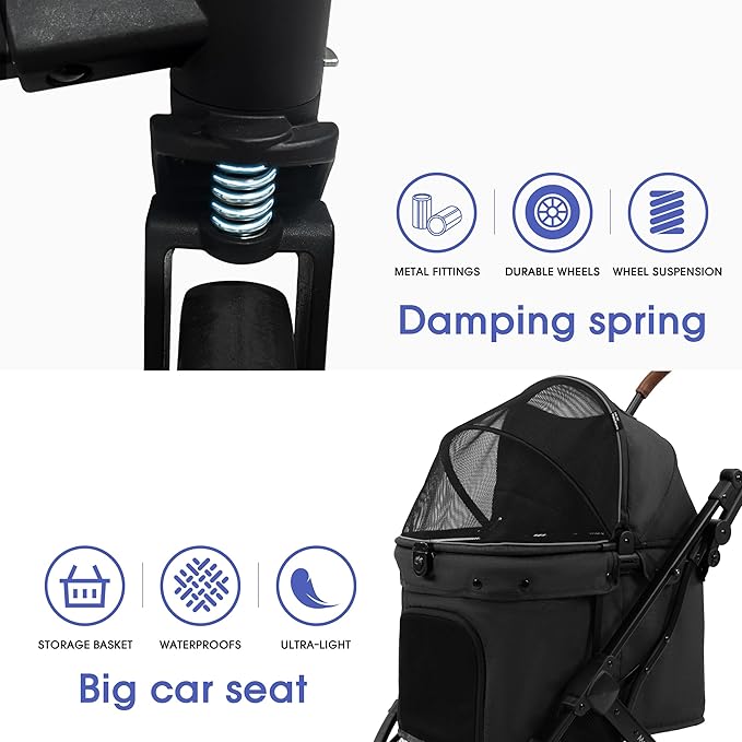 pet Stroller, Suitable for Small and Medium-Sized Dogs, Advanced Four-Wheel Suspension, Detachable Handbag, Lightweight Aluminum Frame, one Click Folding, Suitable for Outdoor Travel - Black