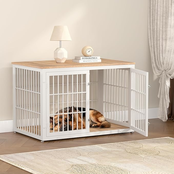 48 Inch Heavy Duty Dog Crate Furniture for Large Dogs, Decorative Pet House End Table, Extra Large Wooden Cage Kennel Furniture Indoor, Natural and White