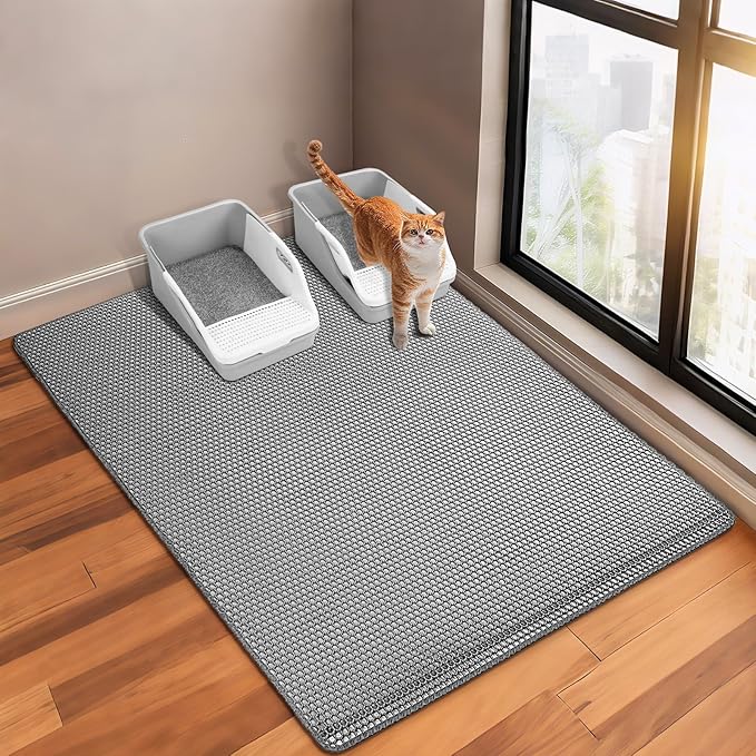 GRELY XL47''X 28'' Extra Large Cat Litter Mat,Double Layer Litter Trapping Mat,Kitty Litter Box Mat,Cats Rug for Pet, Litterbox Mats for Floor,Waterproof Urine Proof,Non-Slip