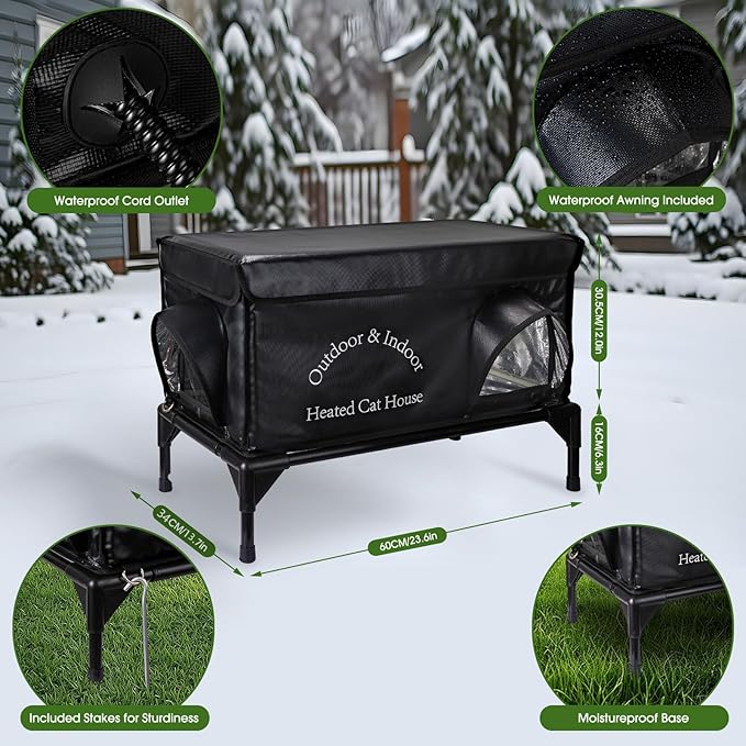 Heated Cat House for Outside Cat in Winter, Insulated Outdoor Feral Cat Shelter with Cat Heating Pad, 2 Doors,Elevated Waterproof Heated Kitty House (Black, 25"x13.7"x18")