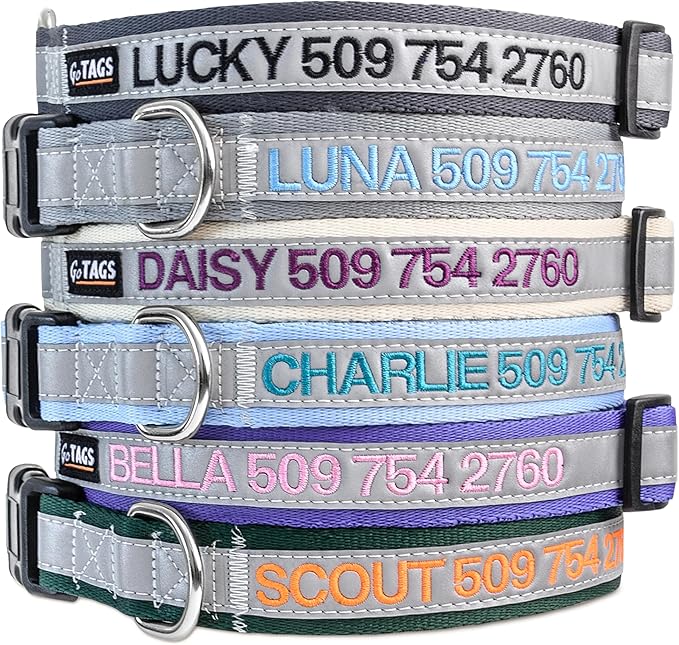 GoTags Reflective Personalized Dog Collar, Custom Embroidered Safety Collar with Pet Name and Phone Number for Boy and Girl Dogs, Small, Medium, and Large Adjustable Sizes (Medium, Charcoal)