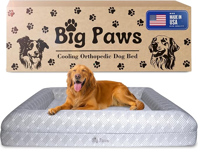 Big Paws Cooling Orthopedic Dog Bed for Large & Senior Dogs – High-Density Memory Foam, Waterproof Liners, Washable Cover, Non-Slip Base, Raised Bolsters – XL Mattress for Joint Relief