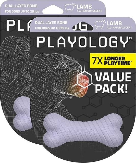 Playology Dog Toys | Dual Layer Bone Durable Chew Toy Bone for Dogs (Value 2-Pack) | Small Lamb Scented Toy - Easy to Clean and Made from Non Toxic Materials