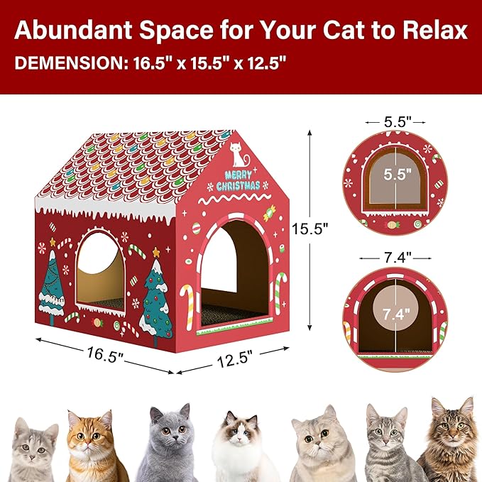 WESTERN HOME Cardboard Cat House W/Scratcher, Christmas Cat Houses for Indoor Cats (16.5''x12''x15''), Bunny&Kitten Hideaway Cats Scratching Playhouse for Christmas Decorations
