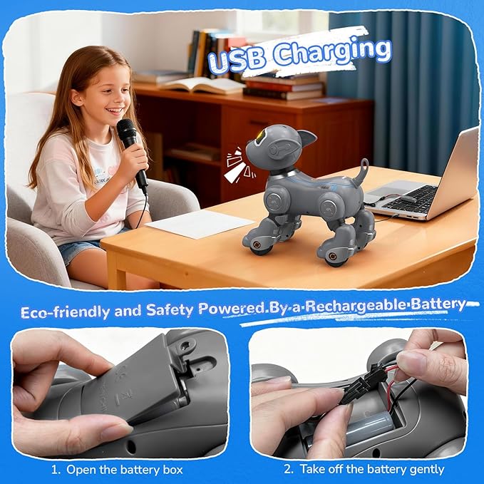 anysun Remote Control Robot Dog for Kids, Programmable Smart Puppy Intelligent Learning Dancing Walking RC Robot Toys for Girls and Boys (Gray)