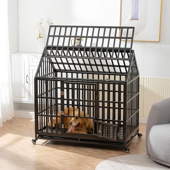 48 Inch Heavy Duty Dog Crate, ACIDBOLT Indestructible Escape Proof XL Dog Kennel Cage for Large Medium Small Dogs, High Anxiety Pet Crate with 2 Door, 4 Lockable Wheels and Removable Tray
