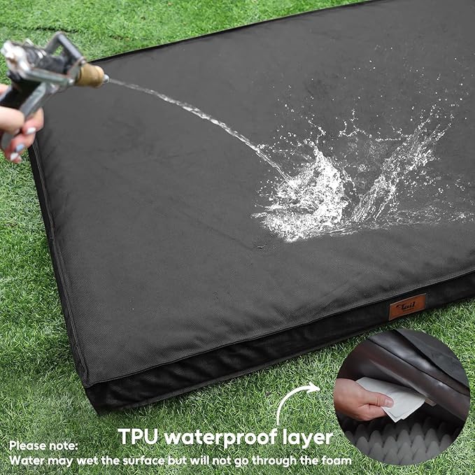 Outdoor Dog Bed for Small Dogs & Cats, Waterproof Dog Crate Mat Orthopedic Egg Crate Foam with Washable Removable Oxford Cover, Black