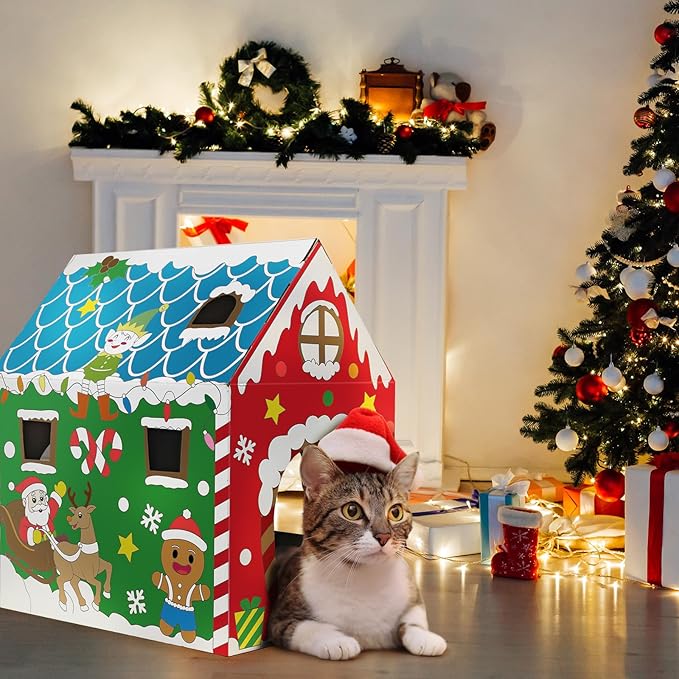 Cinrobiye Christmas Cardboard Cat House with Scratcher DIY Coloring Pet Gingerbread Board Bed Cave Playhouse Hideaway Hideout Condo Decor Animals Scratch Box for Indoor Cats Kittens Rabbits Bunny