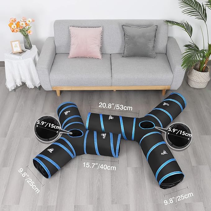 Pawaboo Cat Tunnel Tube - 3-Way Tunnels 25x53cm Extensible Collapsible Play Tent Interactive Toy Maze House Bed With Balls and Bells for Kitten Kitty Rabbit Small Animal, Blue