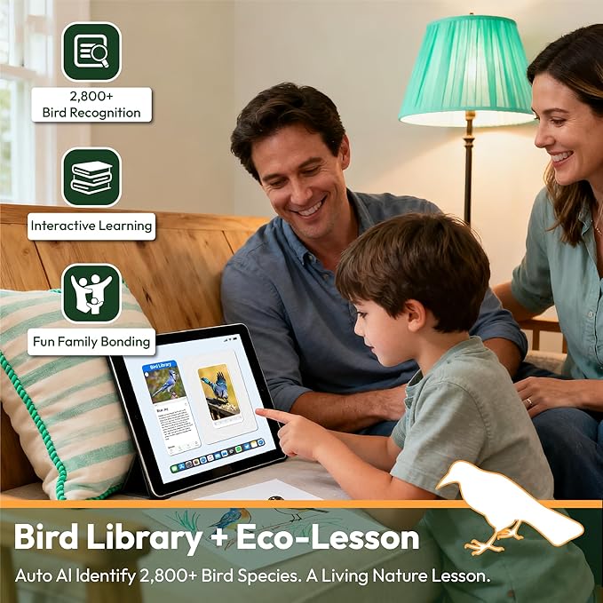 Bamboo Bird Feeder with Camera, 2K HD, Auto AI Identify 2800+ Birds, Solar-Powered, Night Vision, Real-Time Alerts, Family/Friend Sharing, Gift for Nature Lovers