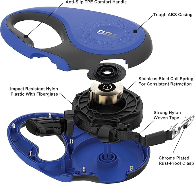 TUG Tiny 360° Tangle-Free Retractable Dog Leash with Anti-Slip Handle | 10 ft Nylon Tape | One-Handed Brake, Pause, Lock (Blue)