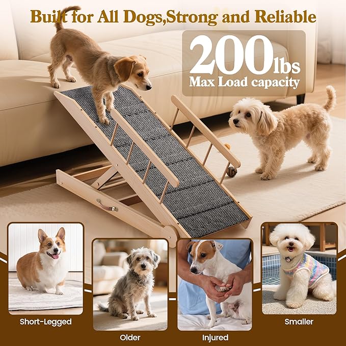 Dog Ramp for Bed, 47" Long Non-Slip Portable Pet Ramp for Small Large Dogs, Wooden Adjustable Dog Ramps for Bed, Couch, Car -Non Slip Carpet Surface and Foot Pads, Height from 12" to 24", Up to 200LBS