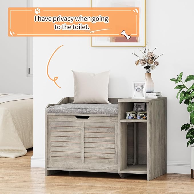Cat Litter Box Enclosure Furniture with Top Opening and Cushion, Hidden Litter Box Cabinet with Storage, Privacy Cat Box Enclosure, Grey