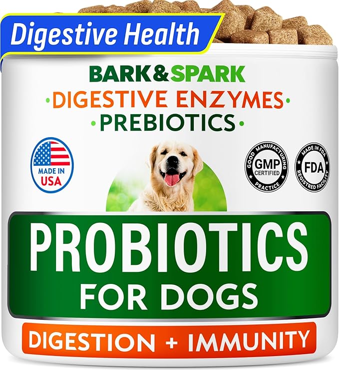 BARK&SPARK Dog Probiotics for Digestive Health & Enzymes - Diarrhea, Gas, Upset Stomach Relief & Season Allergy - Chews for Digestion - Pet Probiotics for Dogs (60Ct, Chicken)