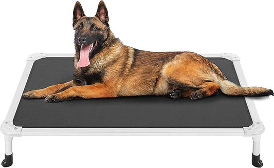 Veehoo Chew Proof Elevated Dog Bed - Cooling Raised Pet Cot - Silver Aluminum Frame and Durable Textilene Mesh Fabric, Unique Designed No-Slip Feet for Indoor or Outdoor Use, Black, 42"x 31"