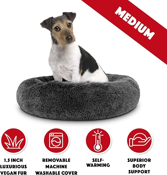 The Dog’s Bed Sound Sleep Donut Dog Bed, Medium Dark Grey Fur Calming Nest Bed, Veterinary Approved