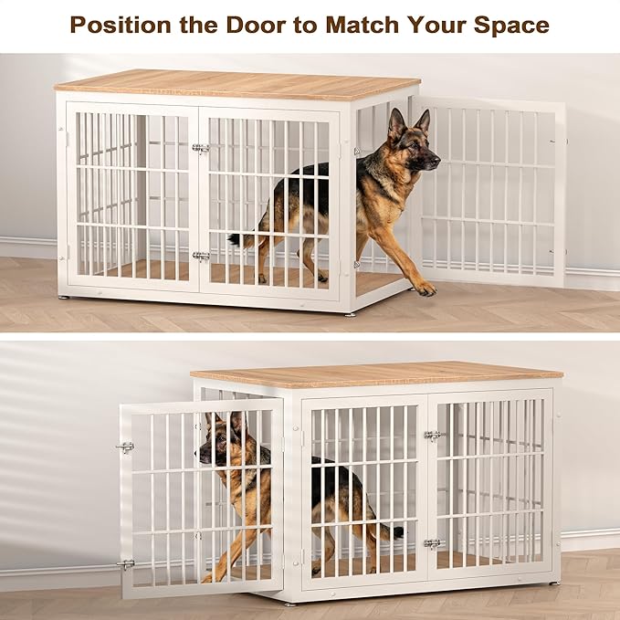 48 Inch Heavy Duty Dog Crate Furniture for Large Dogs, Decorative Pet House End Table, Extra Large Wooden Cage Kennel Furniture Indoor, Natural and White